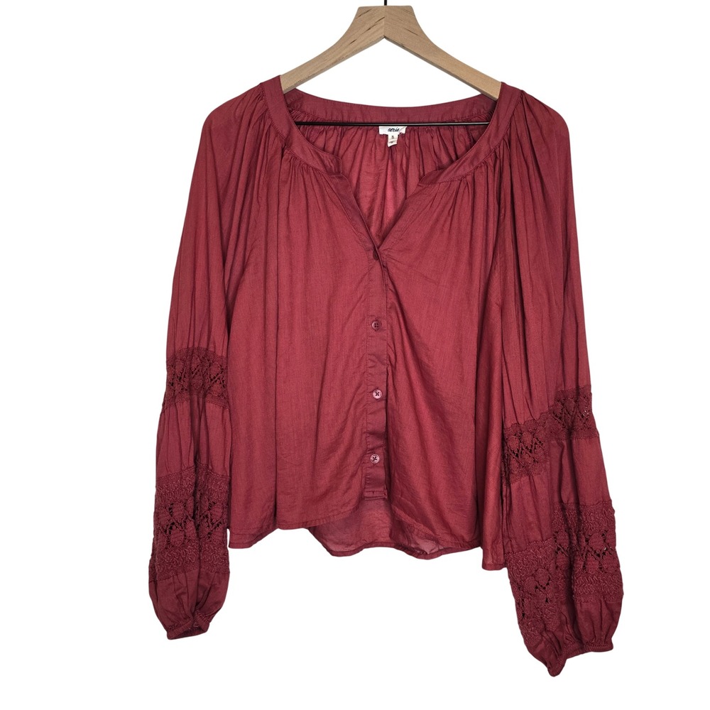 Aerie Crochet Sleeve Button Down Blouse Women XL Burgundy Red Cotton Boho Top